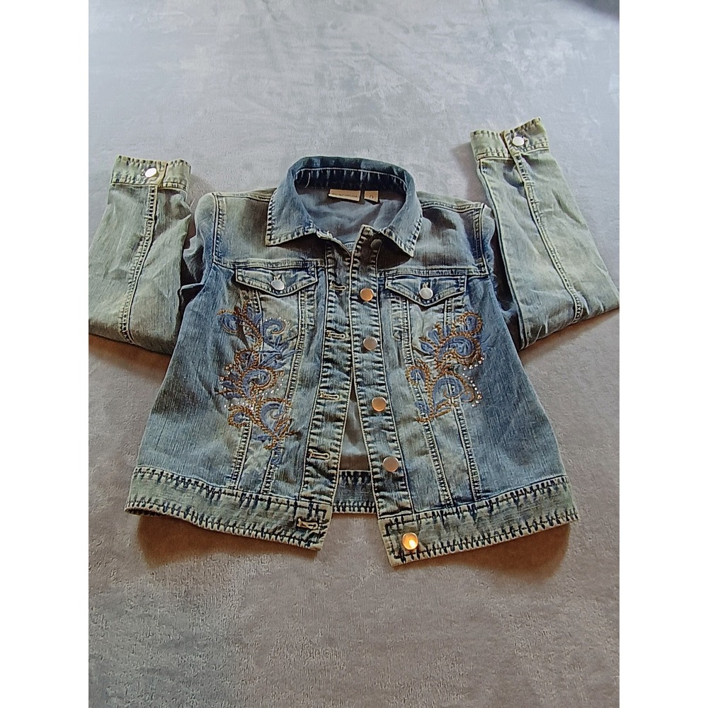Chico's Women Platinum Denim Jacket Blue Size 0 Embroidered Rhinestone